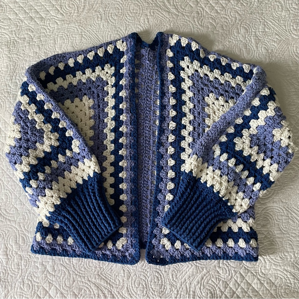 Blue and White Homemade Crochet Granny Square Cardigan
